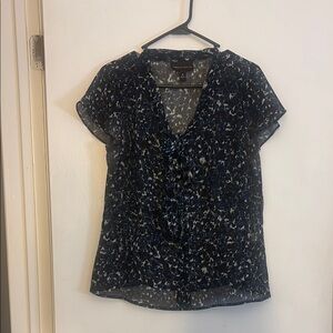 Dana Buchman Black and Blue V-Neck with Bow Ruffled Blouse